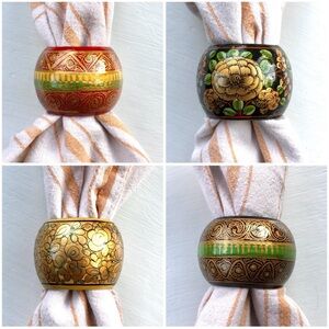 Wooden black lacquer folk art napkin rings set of 4